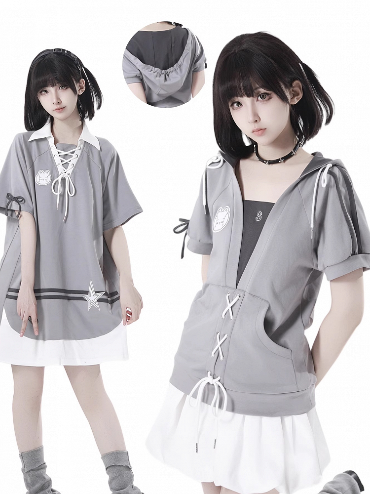 Grey Faux Two-pieces Hooded T-Shirt Lace-up Detail