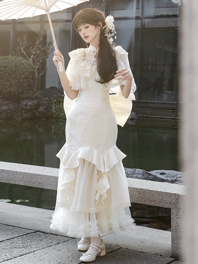 フリルマーメイドバタフライジャカードトリムドレスチーチーパオロリータカスケーディングカラー