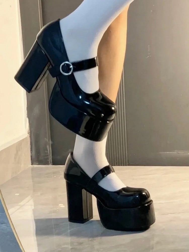 Y2K Absatz hoch – Mary Circular mit Akzent-Stil Schwarze Jane Blockschuhe Schnalle