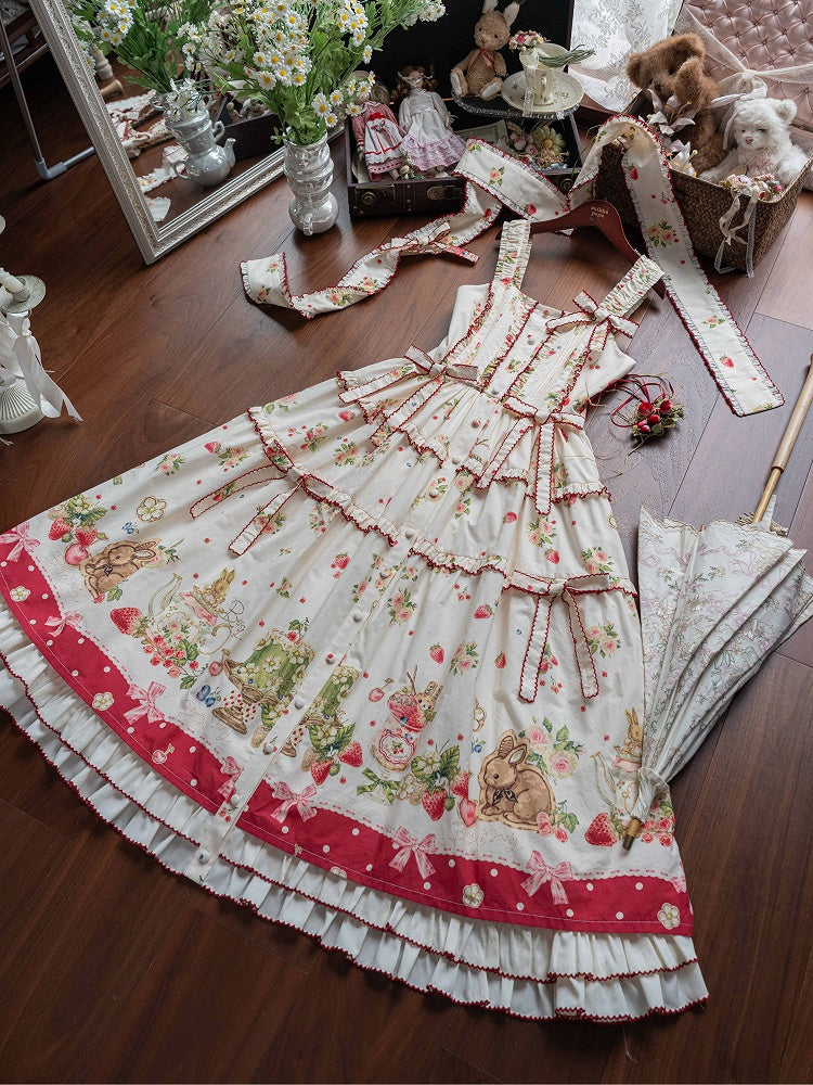Bunny Pink House Dress Hemline Print Lolita Red Fashion and Strawberry