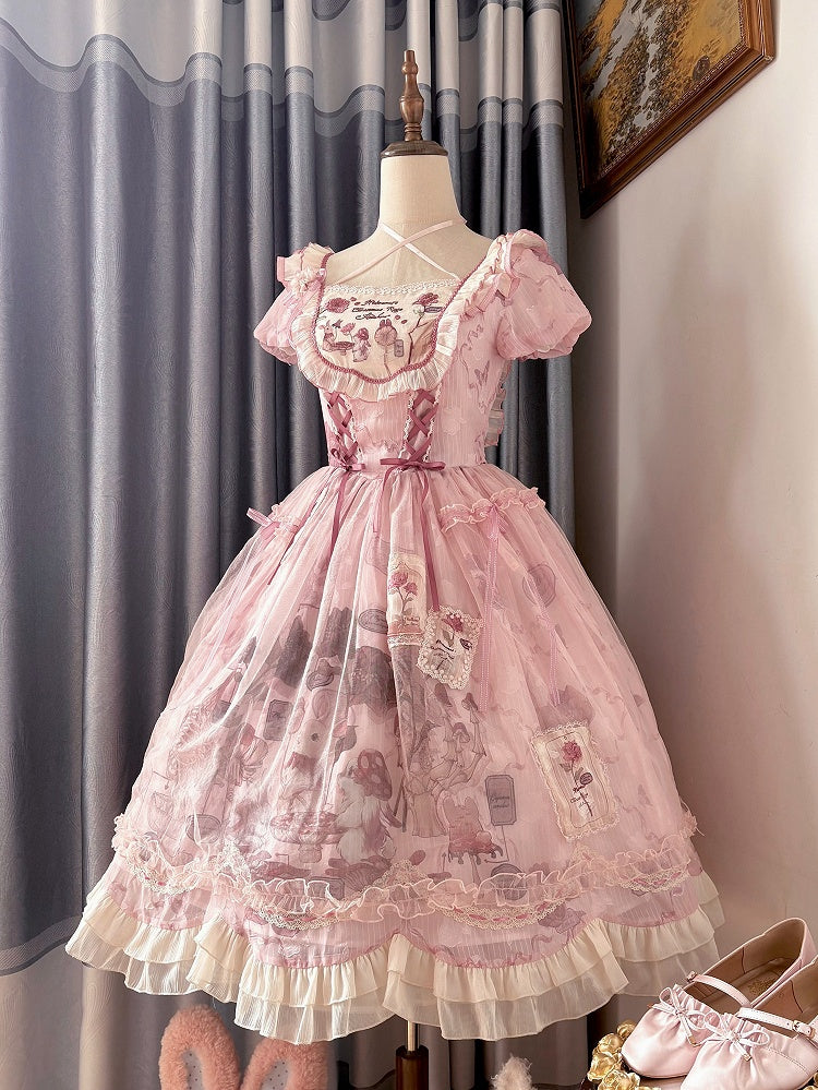 Waist Scalloped Pink Trim Bunny Edge Princess Dress Skirt Lolita Print Ruffle Basque