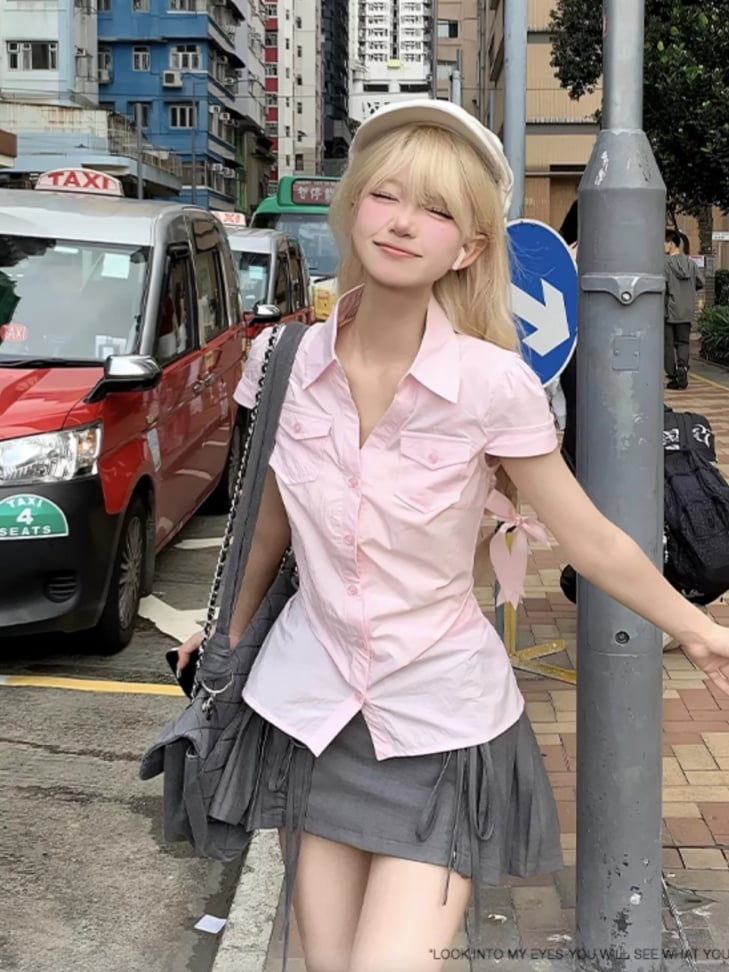 Pleated Skirt Style Preppy Sweet Pink Short Sleeve Shirt/Gray Mini