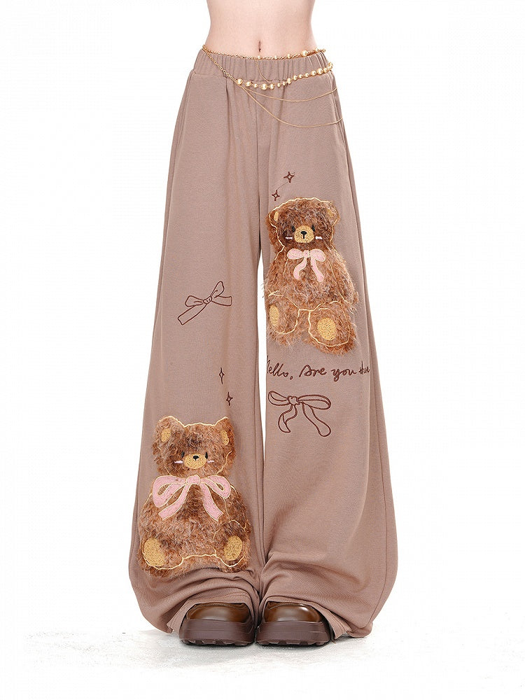 Wide-Leg Pants Detail Loose Teddy Bear Bowknots Brown Plush