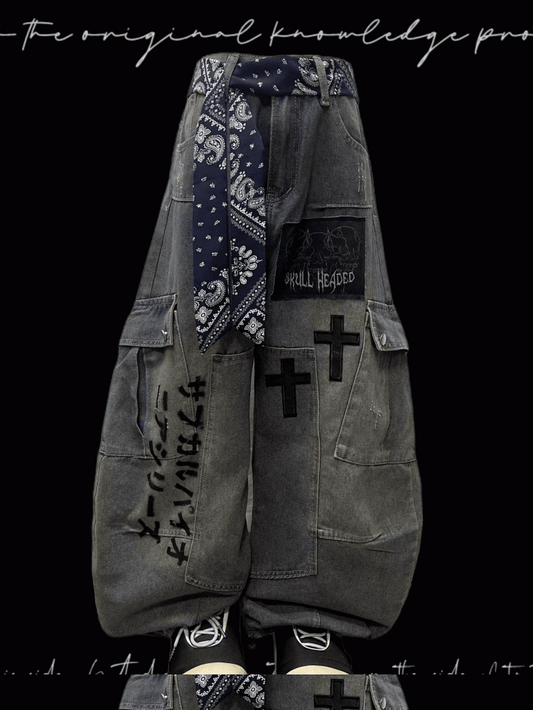 Jeans Blue Cross Applique Wasteland Punk Distressed Wide-leg Cargo