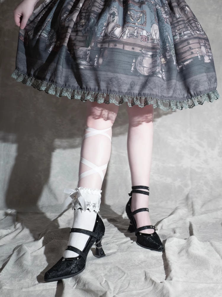 Gothic Black Pointed Toe Lace 8.5cm High Heels Multiple Buckle Straps