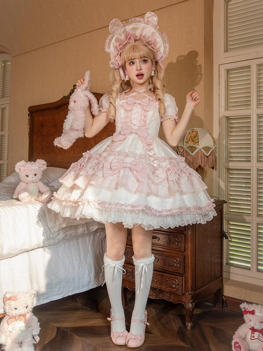 Heart White Lolita Sweet Applique Bunny and Embroidery Accents Dress Pink Bow