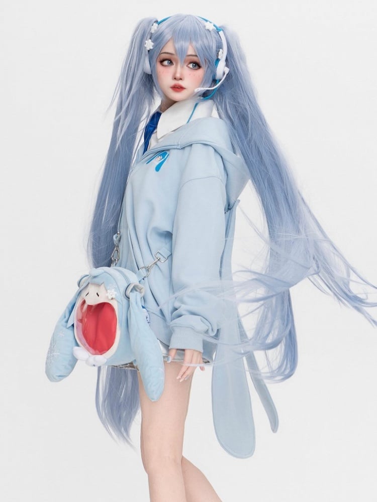 Full Set: Ears Snow + Tie Oversized Blue Hoodie + Socks + Skirt + Bunny Shirt