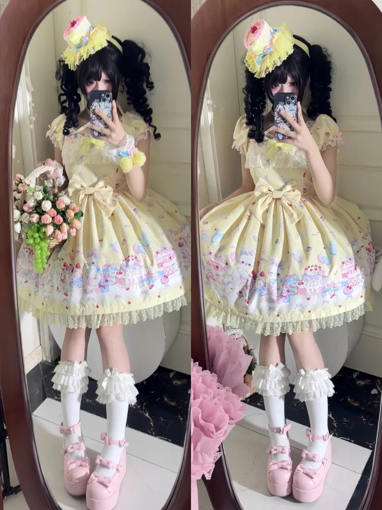Gelbes süßes Lolita-Kleid mit kurzen Puffärmeln und Bunny and Cake