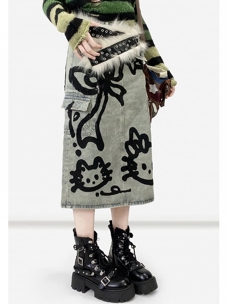 And Y2K Bowknot Kitty Skirt Denim Print Blue
