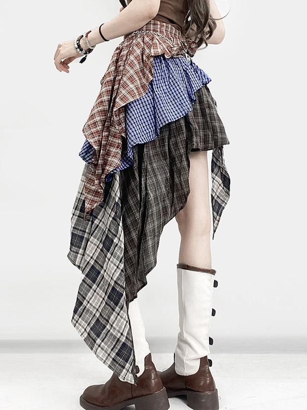 Millard Plaid Brown Skirt Tiered Fashion Asymmetrical Hem Pattern