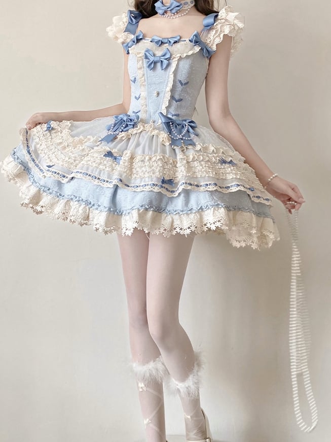 Dress Boned Lolita Blue Skirt Jumper Waist Accents Ballercore Bow