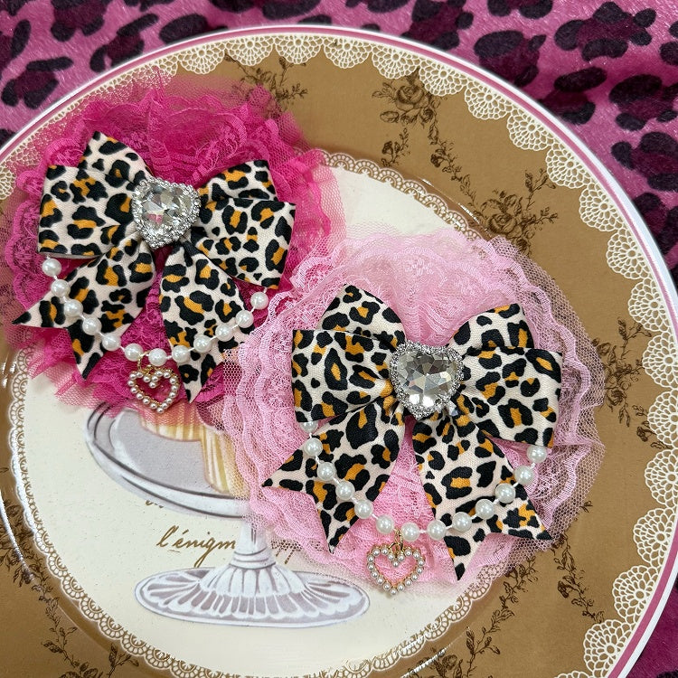 Rhinestone Trim Charm Leopard Lace Beaded Red Heart Decorated Pattern Pink/Rose Hairclip Bowknot