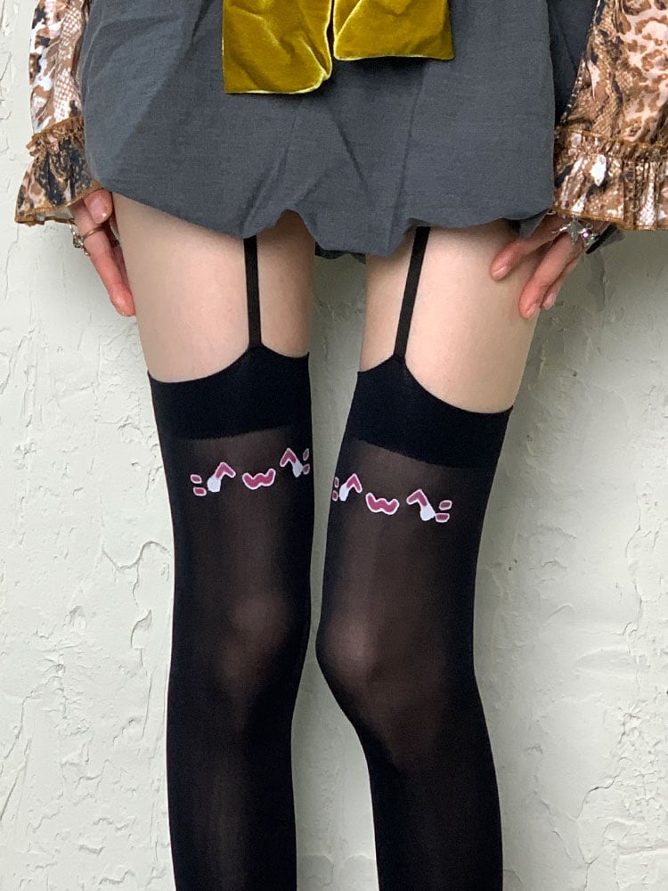 Schwarze Strumpfhose mit Strumpfhaltern im Y2K-Stil mit Kätzchen-Print