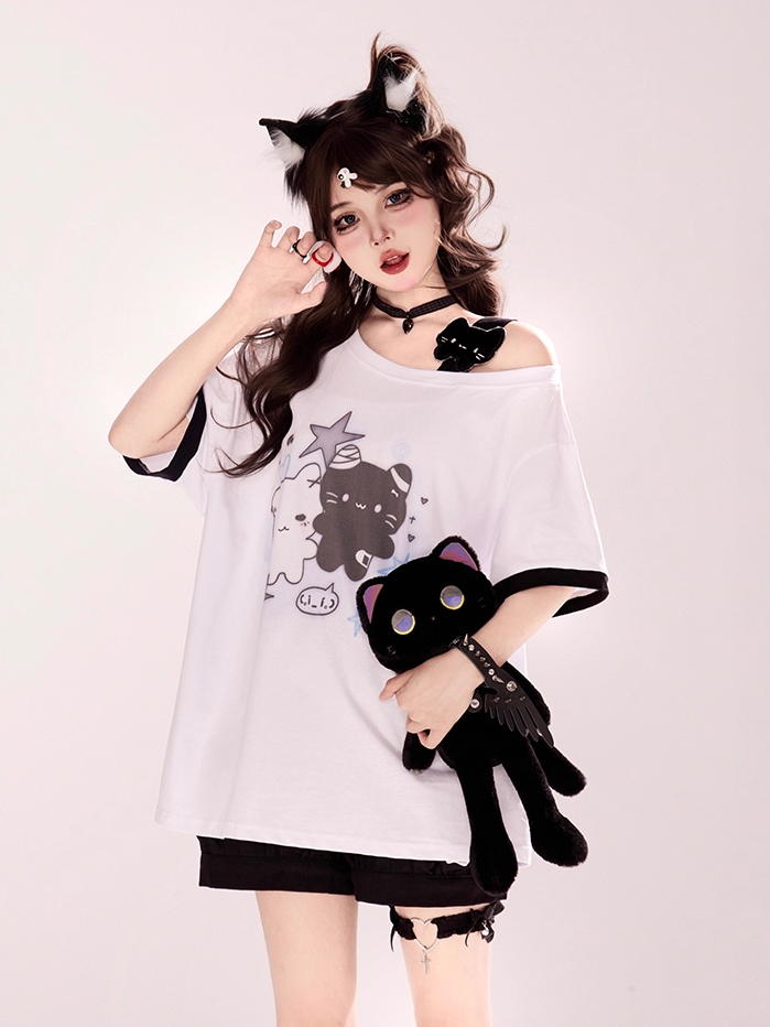 Asymmetrical Neckline T-shirt Cartoon Kitty Print Pink/Blue/Black