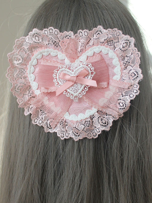 Pink Bowknot Details Lace Trim Heart-shaped Hairclip