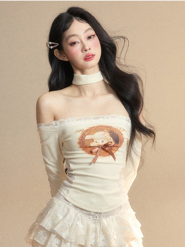 Lamb Print Waist Glamorous Top Patches Apricot Off-the-shoulder Lace Neckline