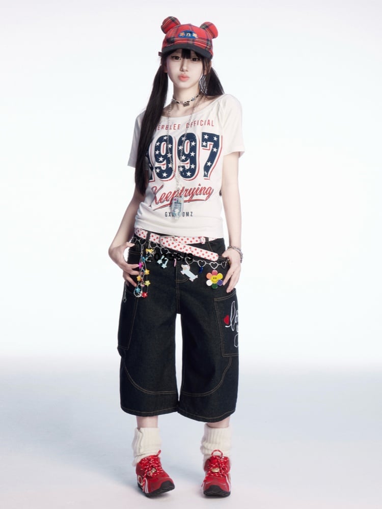 Waist Heart Embroidery Wide-leg Cargo Jeans Black Low