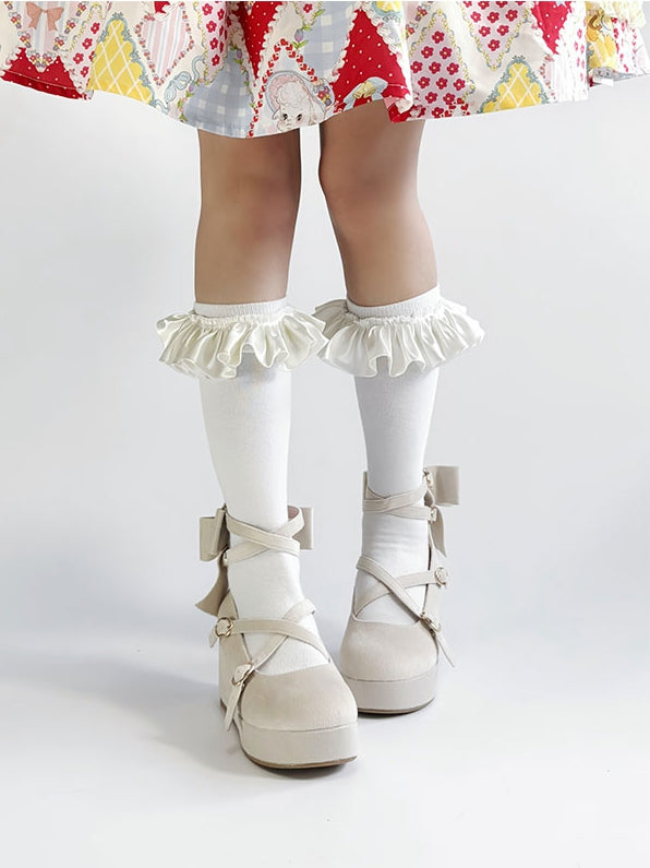 Platforms Crisscross Velvet Toe Round Sweet Bow Design - Wedge Beige Lolita Accent