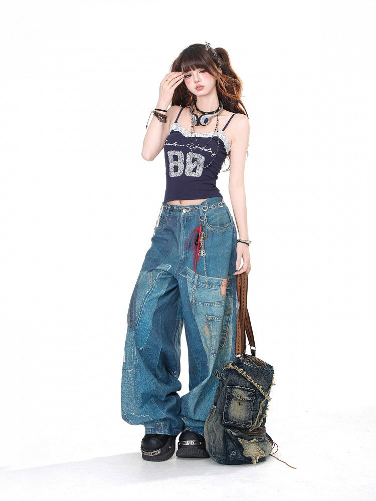 Wash Faded Pockets Wide-Leg Cut Jeans Denim Blue