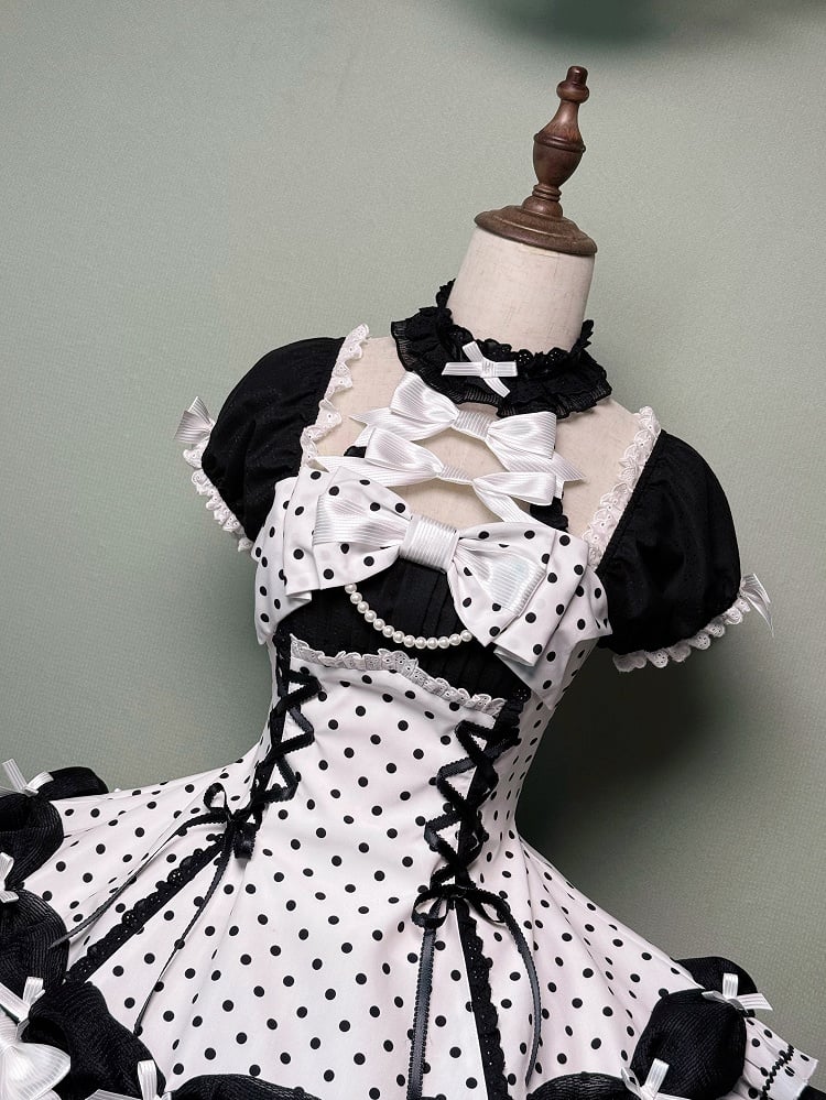Akzente Schwarz Polka Dots Kleid Old School Schleife Weiß Lolita Neck Halter mit