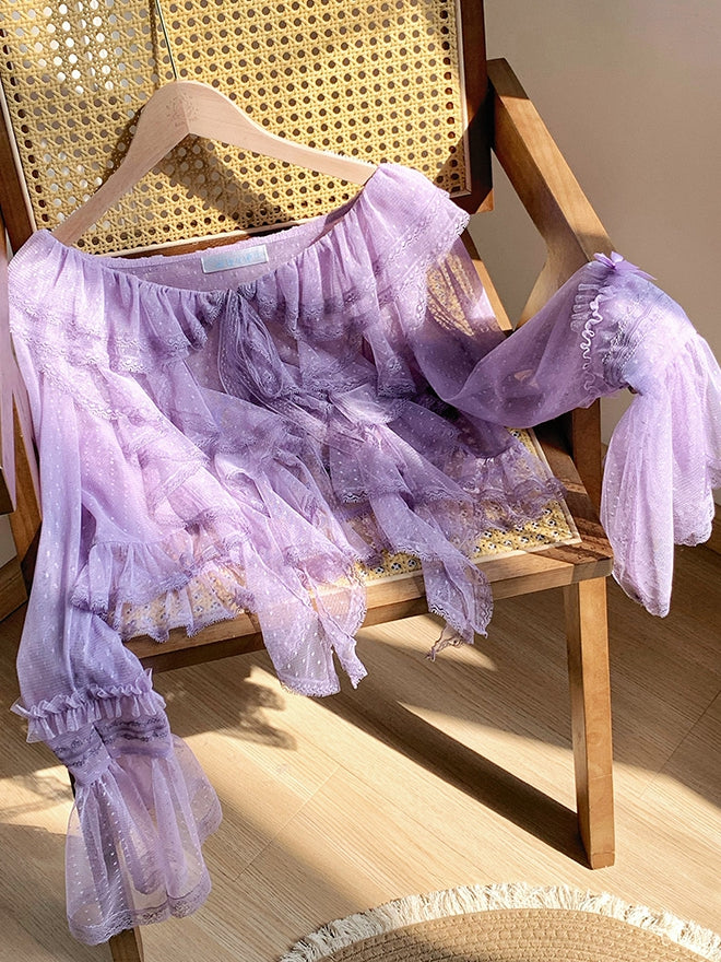 Long Sleeves Ruffle Sheer Top Cascading Dotted Purple Trim Tulle