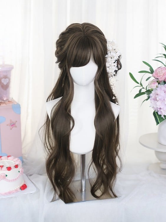 Bangs Side-swept With Wig Brown 65-70CM Length Wavy
