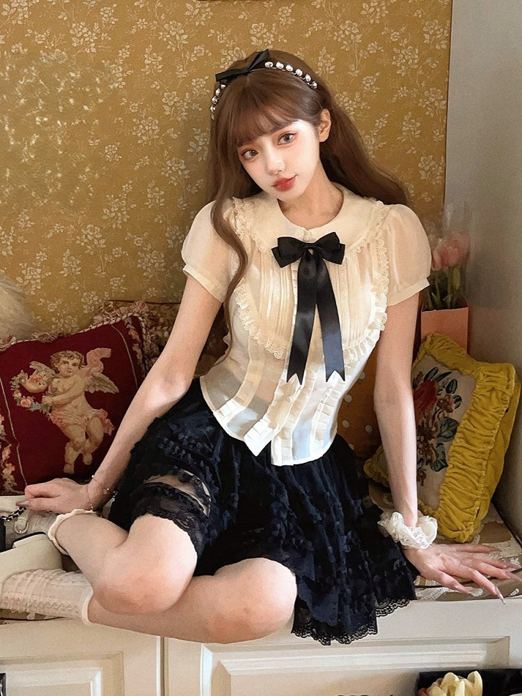 Lace-Trimmed Set Puff Apricot Blouse Cami Sleeve With