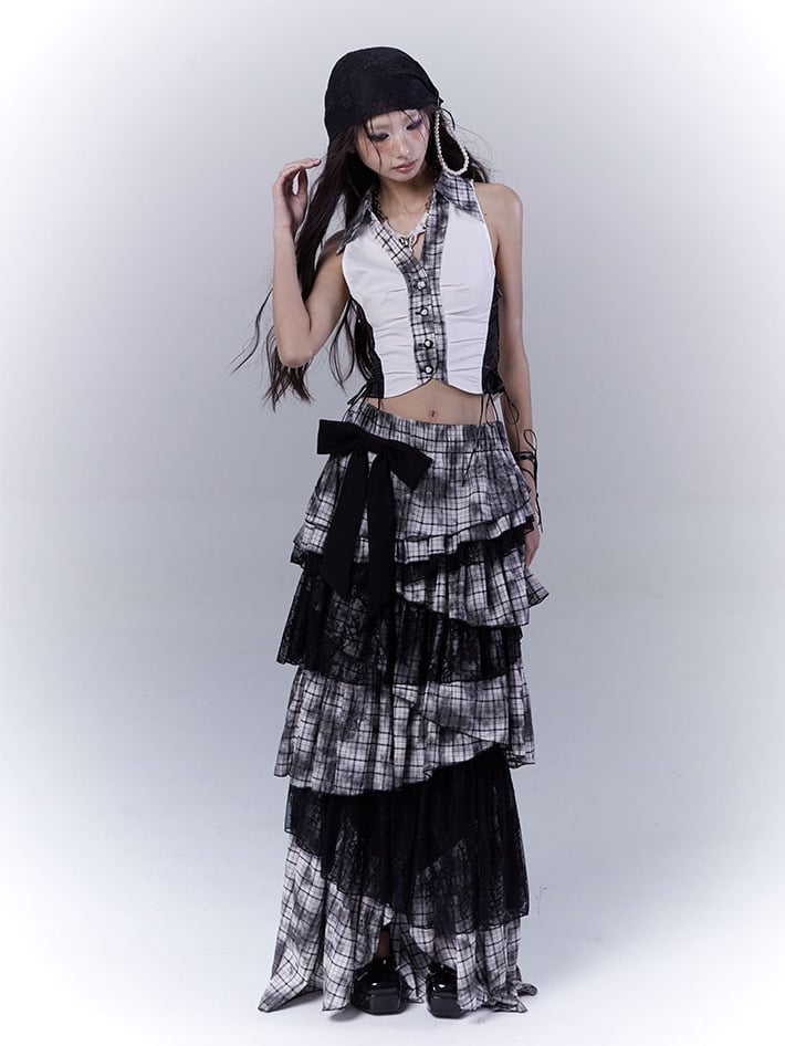 Regular/Long Version Asymmetrical Tiered Plaid Skirt Black Punk