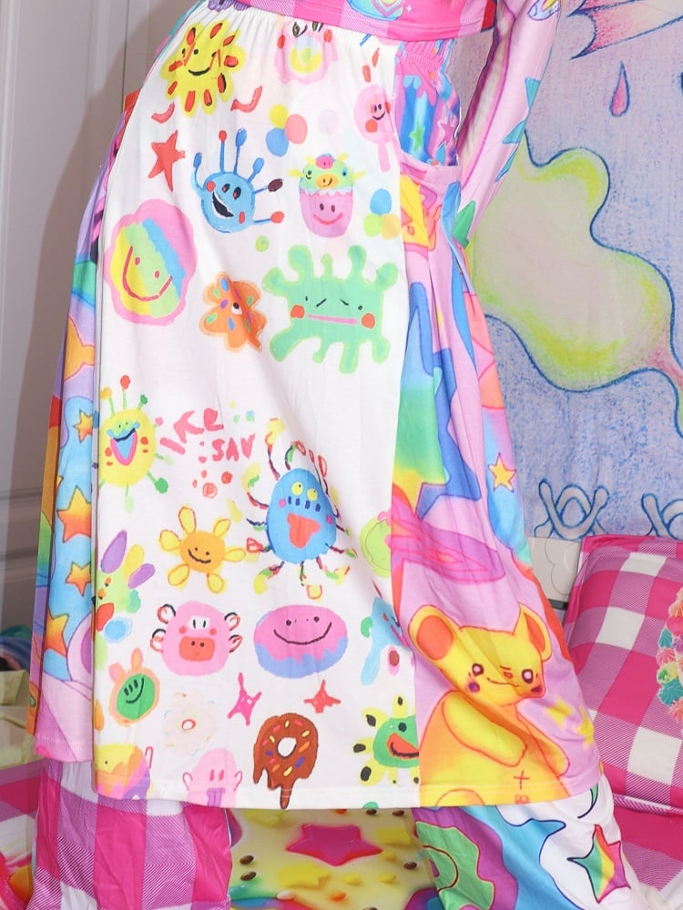 Bunter A-Linien-Rock mit Cartoon-Print und elastischer Taille im Y2K-Stil