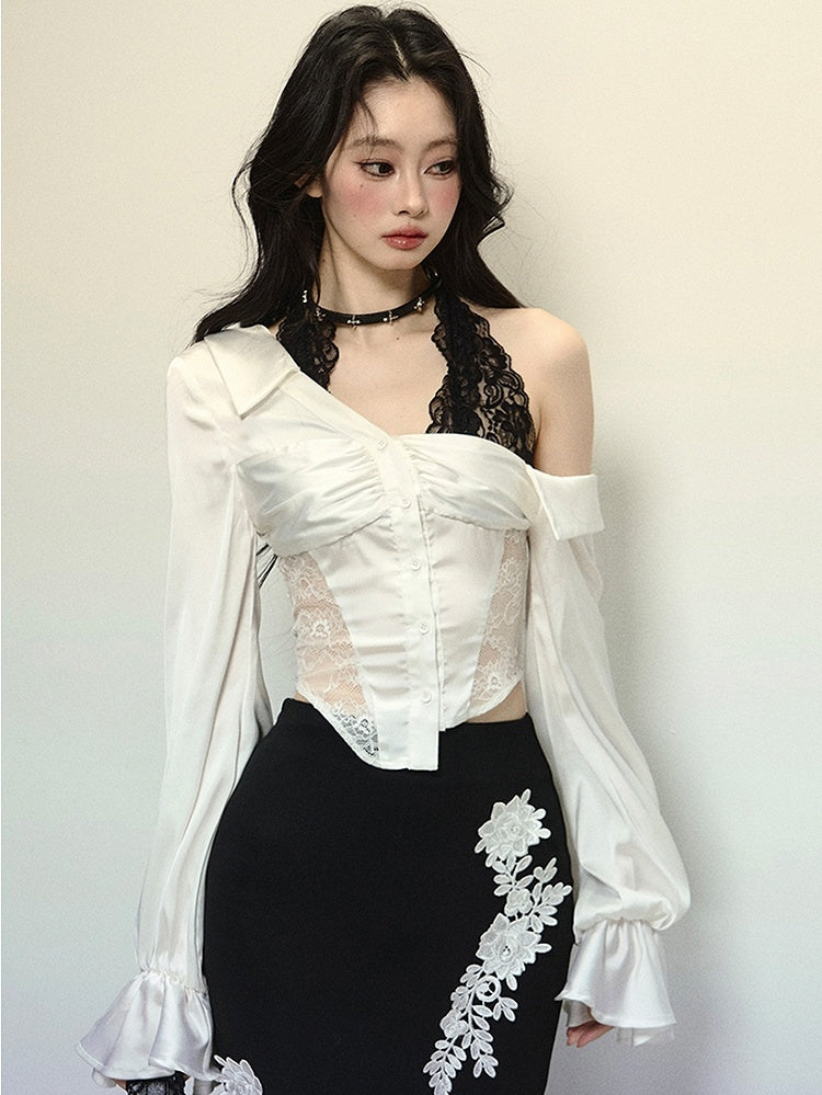 Weiße Bluse mit Spitzenpatch an der Taille und langen Ärmeln mit Neckholder-Design aus schwarzer Spitze