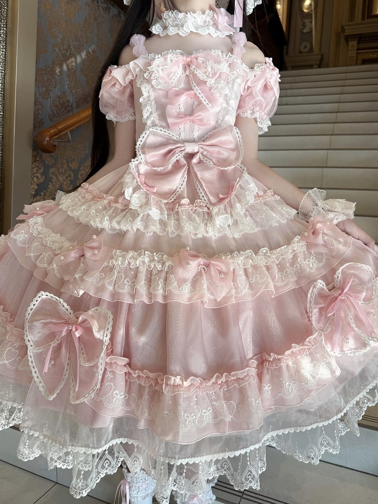 Sweet Lolita Princess Bead Dress Bow and at Back with Pink Big Accents Details
