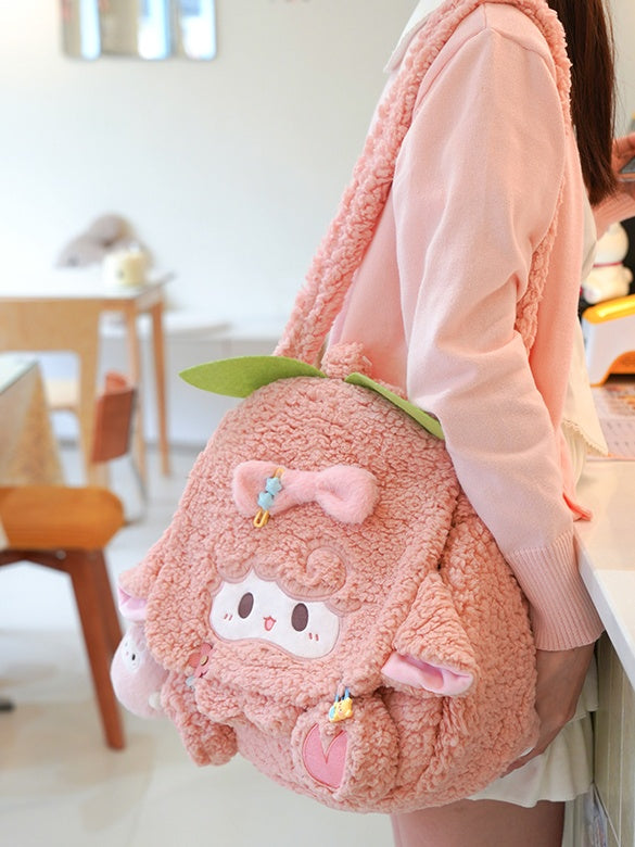 ピンクラムボウノットプラッシュフラップバックパックバッグミドル/ラージサイズ