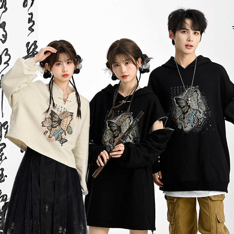 Banded Butterfly Print Sweatshirt Collar Style Cheongsam Black/Apricot