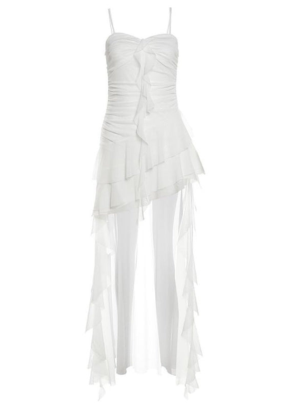 Holiday Asymmetrical Cami Y2K Glamorous Trim Ruffles Top White Hem