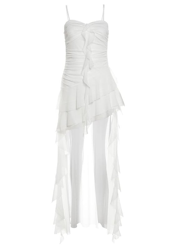 Y2K Glamorous Top Cami Asymmetrical Trim Hem Holiday White Ruffles