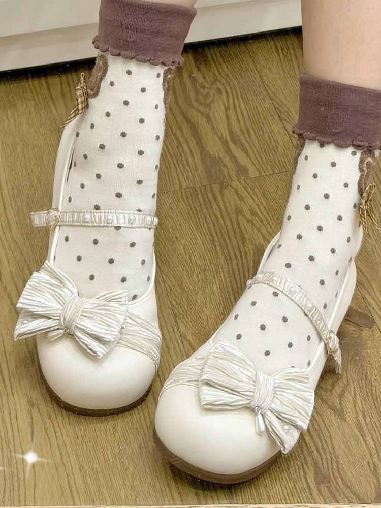 Top Schnalle Zehen Creme Schuhe Perlen Schleife verziert Lolita Weiß Herz Runde bei