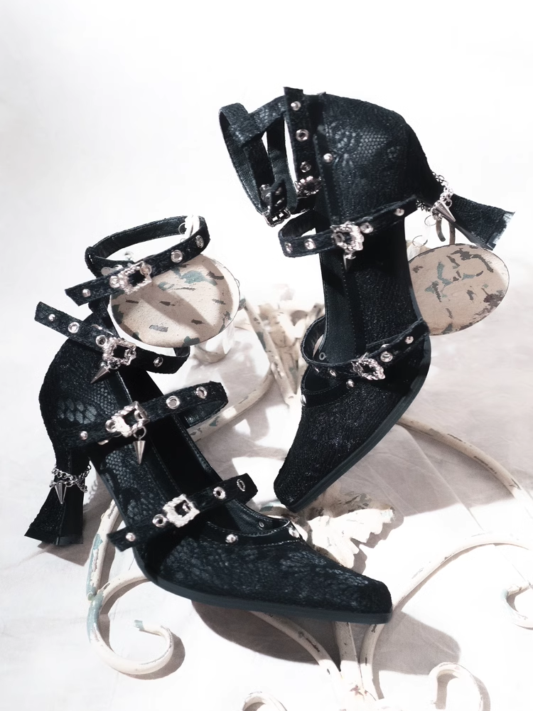 Gothic Black Pointed Toe Lace 8.5cm High Heels Multiple Buckle Straps