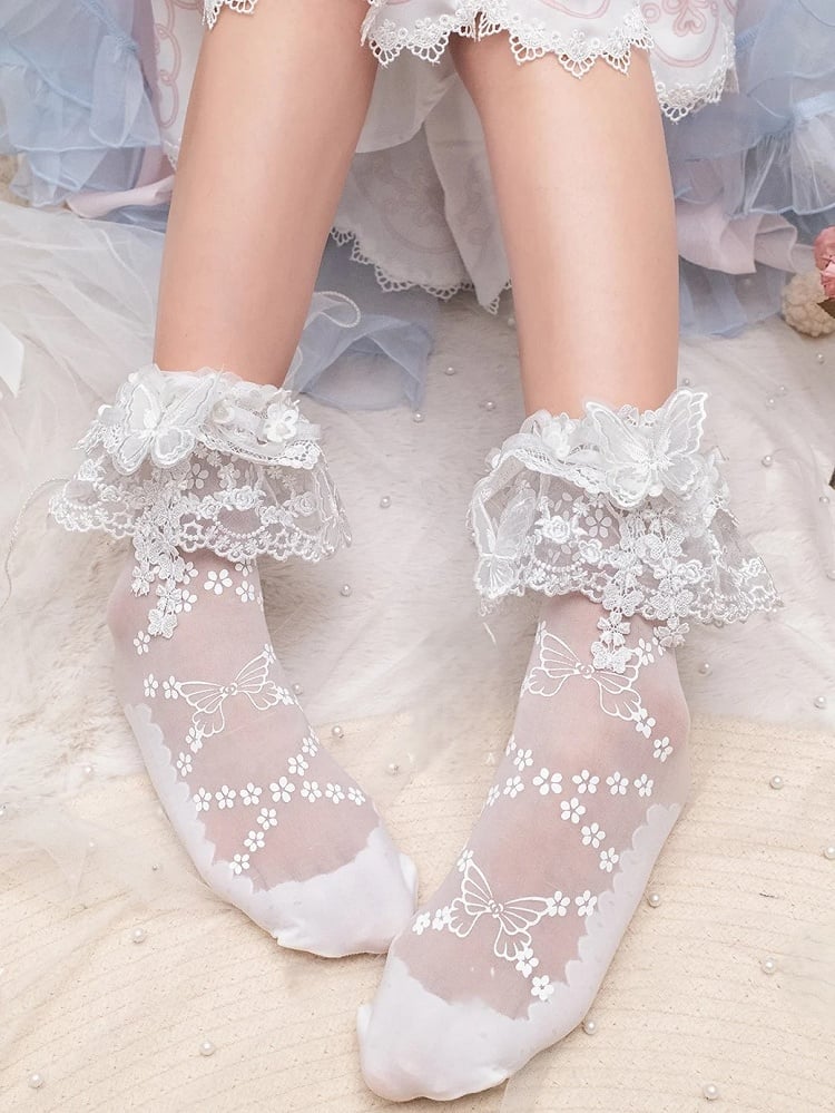 Sweet Socks White Lace Trim Butterfly Print Double-layer
