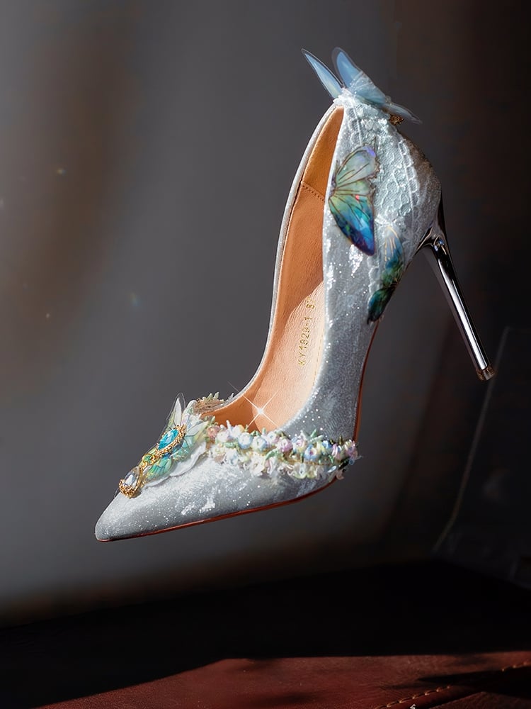 Silver 7.5CM/10.5CM Details Pointed Decorated Heels High Butterfly Toe Rhinestone