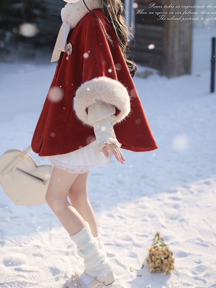 Red Wool Cape Coat with Shaggy Collar and Cuffs
