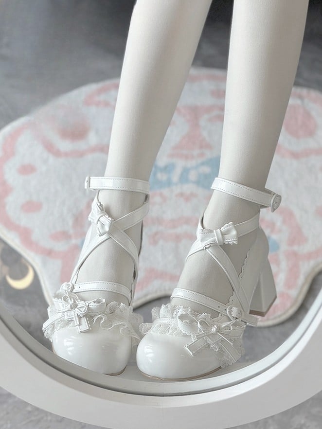 Schuhe Dreamy Lace – Mittelhoher weißer Lolita-Absatz mit Rüschen