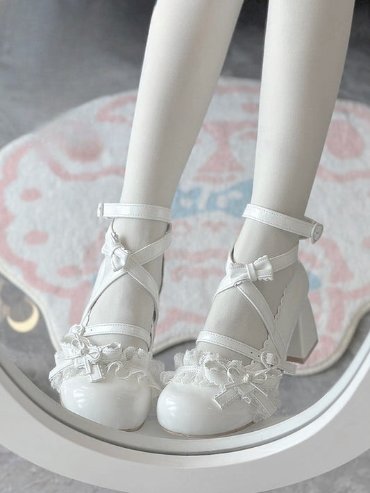 Schuhe Dreamy Lace – Mittelhoher weißer Lolita-Absatz mit Rüschen