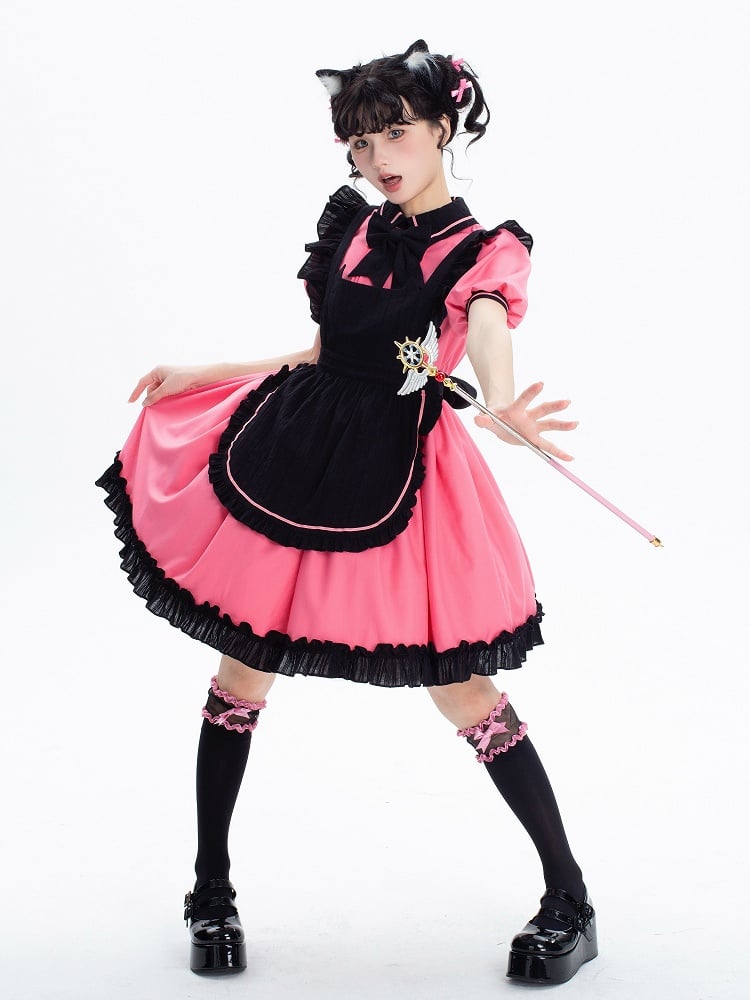 + and Black Sleeves Puff Maid Short Apron Dress Lolita Pink Kitty