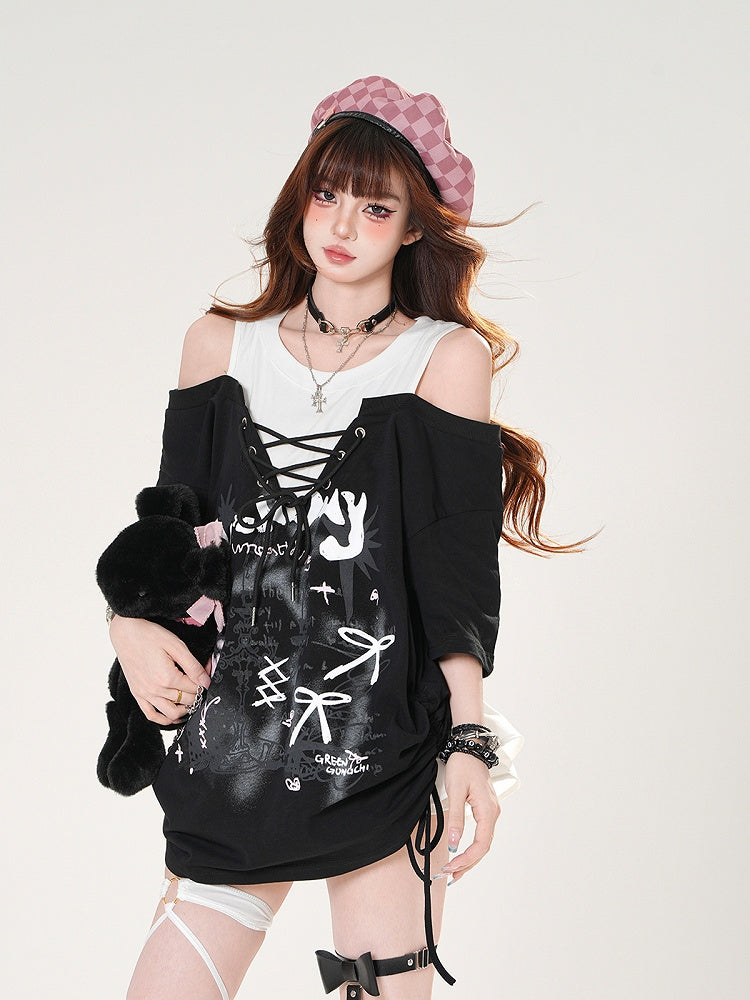 Lace-up Front Candlestick Print Black/Gray T-shirt