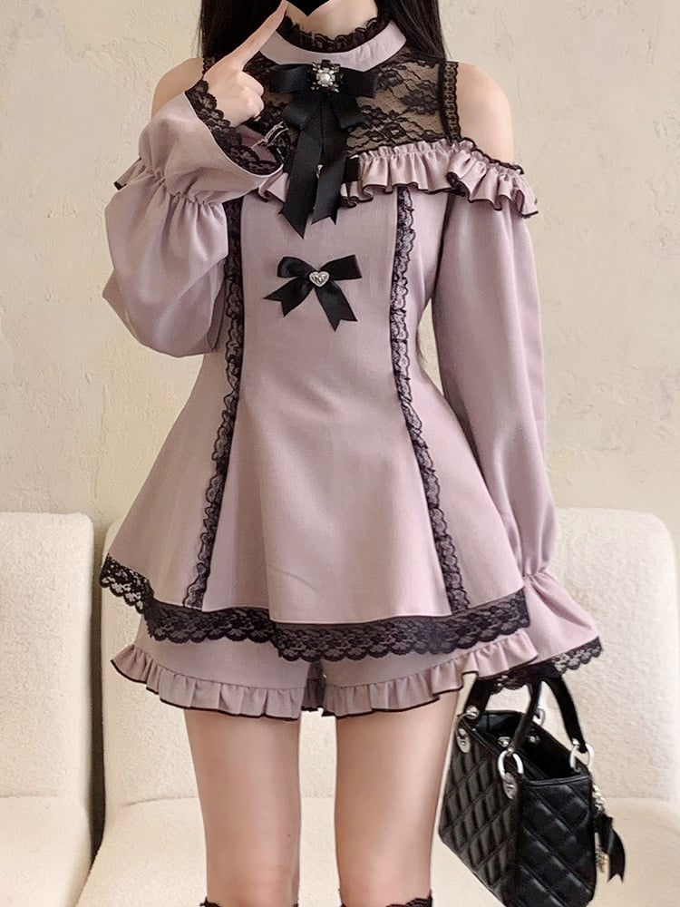 Illusionsrock-Ausschnitt, Cutout an den Schultern, Shorts, Minikleid, Jirai Kei, schwarzes Rüschenset mit Lila