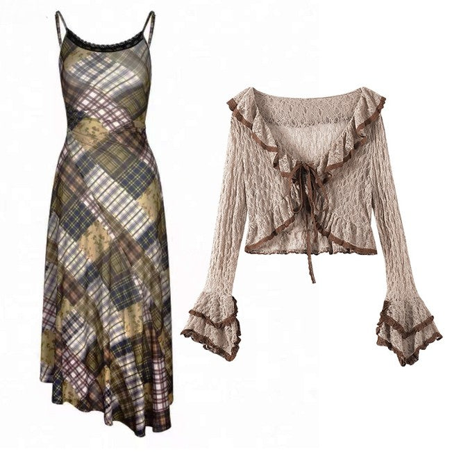 Kawaii Fashion Lace Cami Cardigan Brown Plaid Bittersweet With Millard Dress Pattern