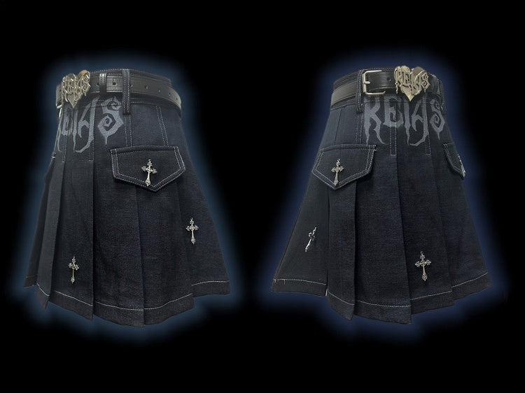 Y2K Dark Blue Letters Cross Charms Punk Rock Denim Pleated Skirt