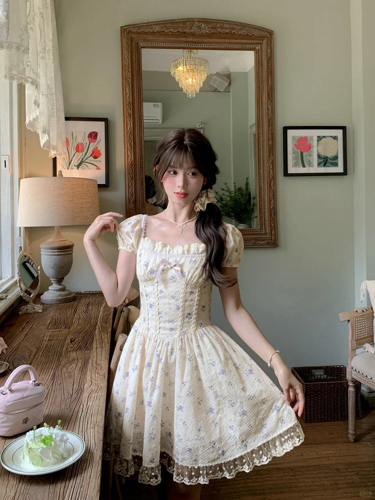 Mori Kei Floral Dress Beige Square Neckline and Short Puff Sleeves