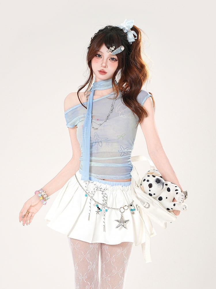 Starfish and T-shirt Shell Semi-sheer with Asymmetrical Neckline Blue Print Free Scarf