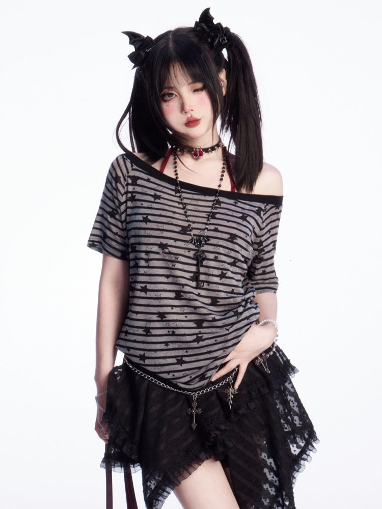 Print Gestreiftes T-Shirt Grau Asymmetrischer Ausschnitt Allover Star